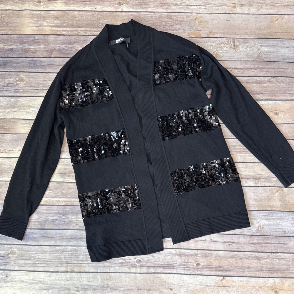 DKNY Women's Black Sequin-Stripe Long-Sleeve Cardigan Size XS